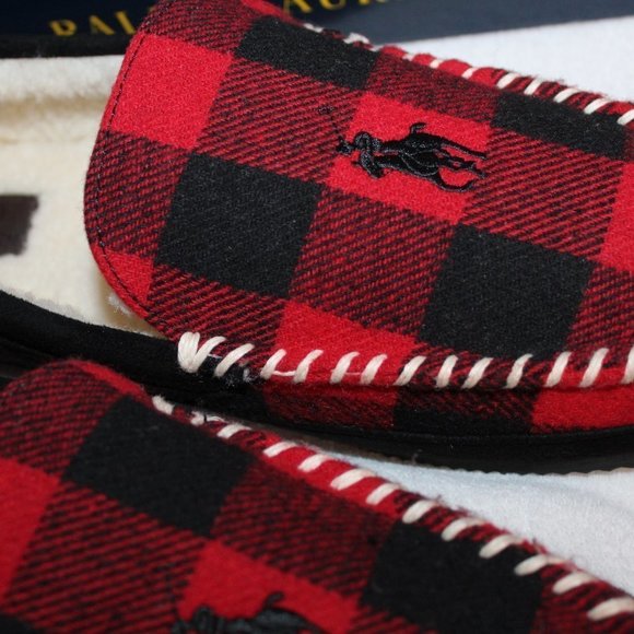POLO RALPH LAUREN MEN'S PLAID SLIPPERS RED BLACK - Picture 3 of 6